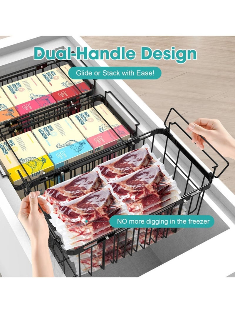 قطعتان من رفوف تنظيم الفريزر، قابلة للتمدد، صناديق تنظيم كبيرة وعميقة للفريزر، قابلة للتكديس والتعديل، تناسب الفريزرات الأفقية من 10 إلى 20 قدم مكعب، تخزين المطبخ، تنظيم المنزل، رفوف تنظيم المتاجر الكبرى، أسود - Image 2